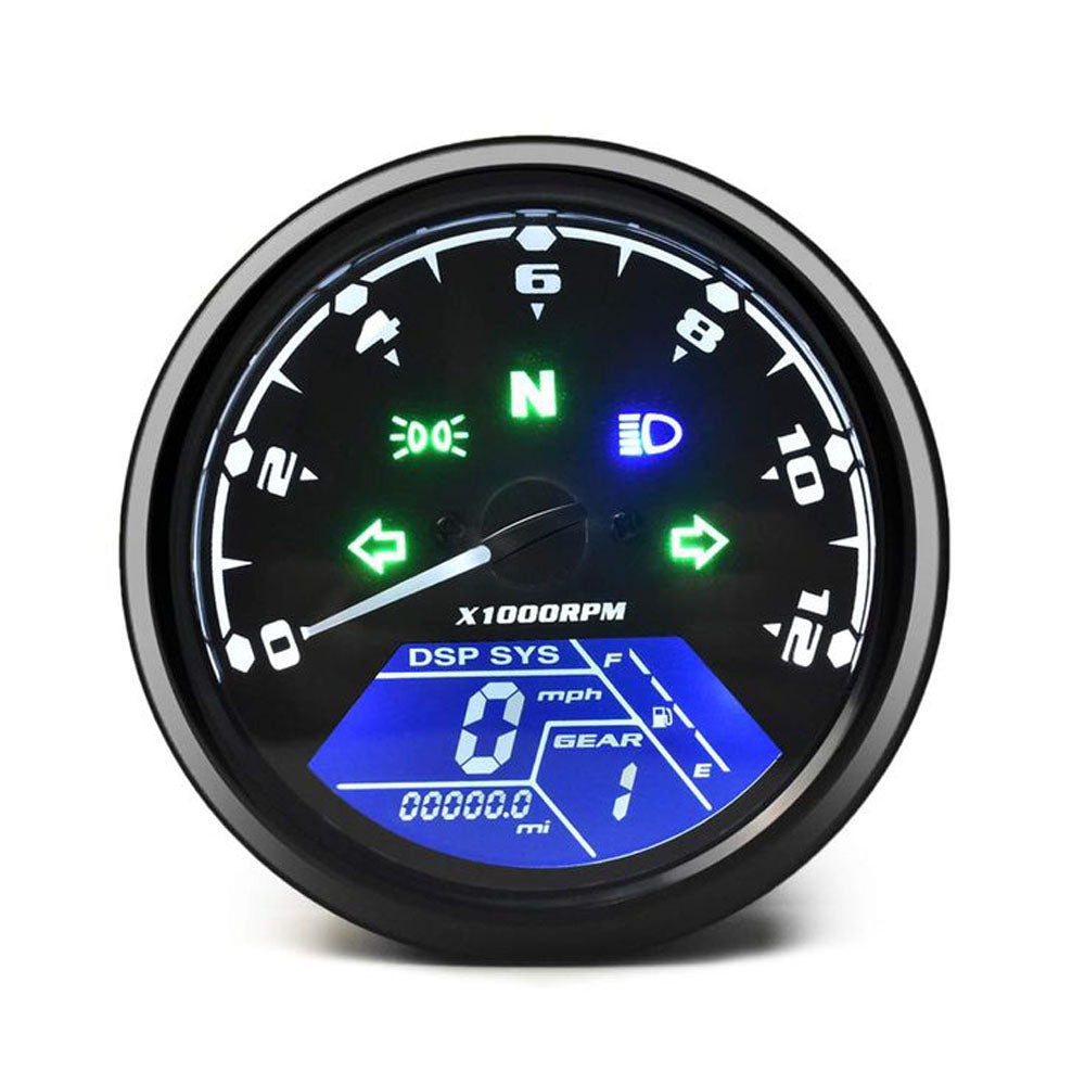 Motorcycle Round Analogue & Digital Display Meter Universal Multi Function Grande Style